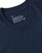 Closeup of collar of a navy blue short sleeve t-shirt