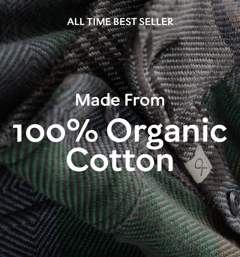Text on organic cotton fabric stating it's an all-time best seller and made from 100% organic cotton.