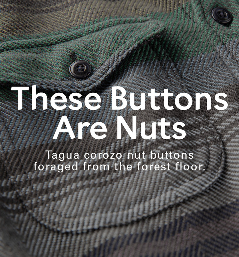 Text overlay on a textured fabric background with buttons, featuring 'These Buttons Are Nuts' and tagua corozo nut information.
