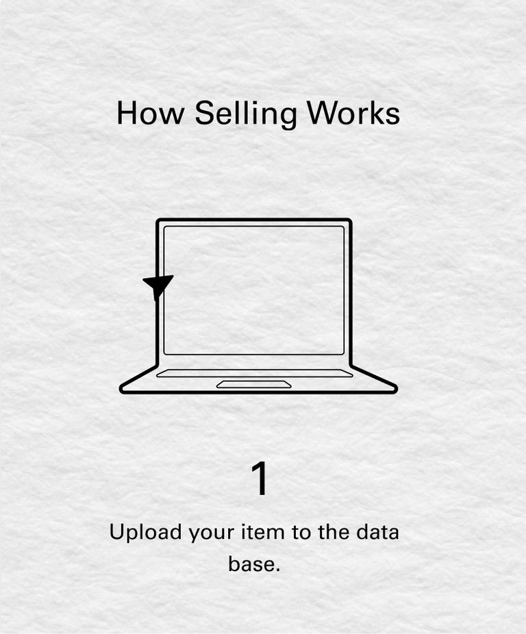 Illustration of a laptop with the text: 1, Upload your item to the data base.