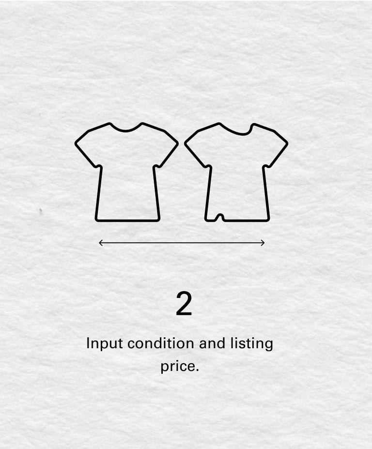 Illustration of 2 tshirts with the text: 2, Input condition and listing price.